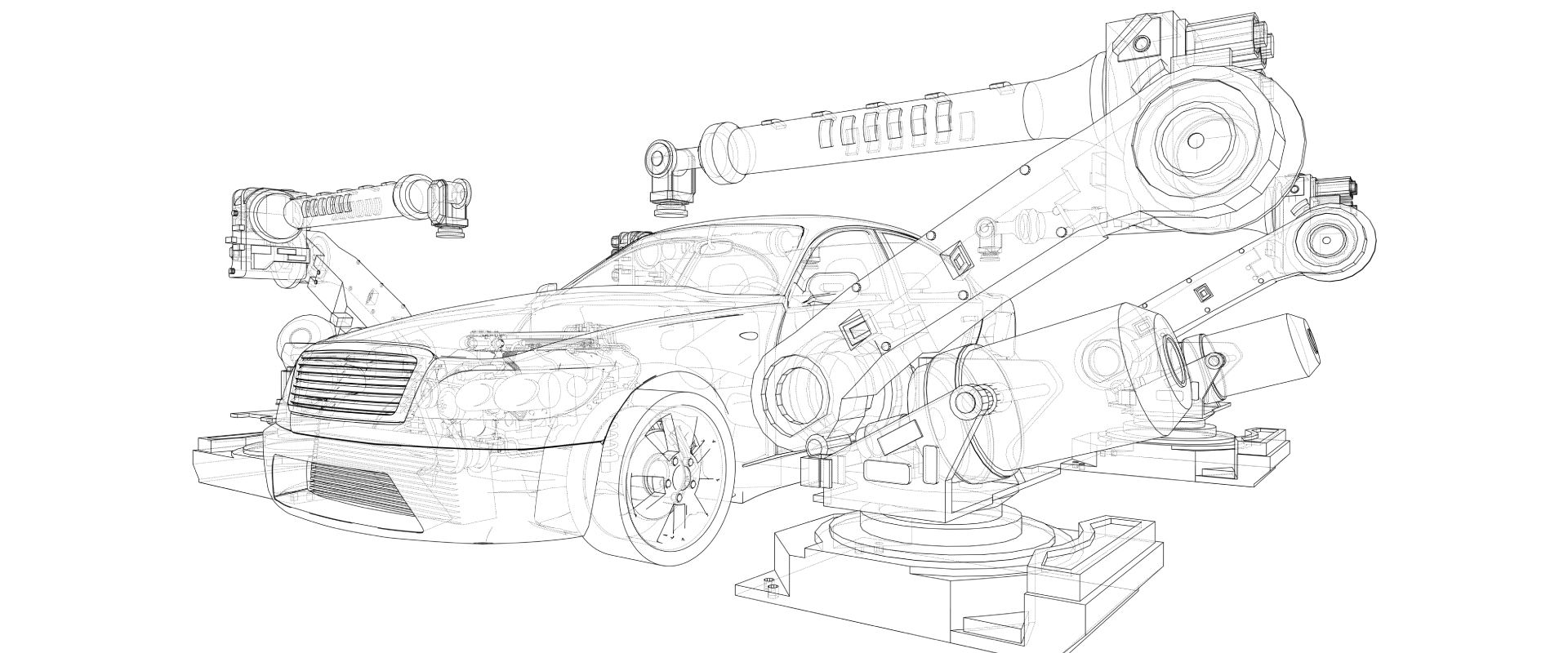 Assembly of motor vehicle. Robotic equipment makes Assembly of car. Blueprint style. Vector rendering from 3D model